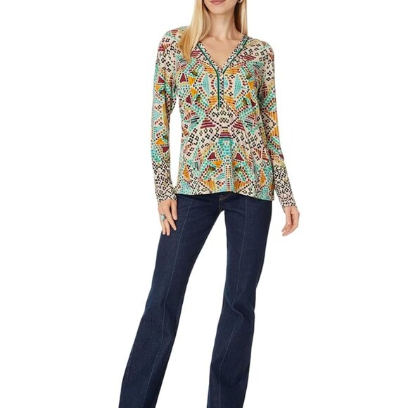 Johnny Was Etris Janie Favorite Long Sleeve Button Henley Tee Shirt Beige Top NW - Picture 4 of 10